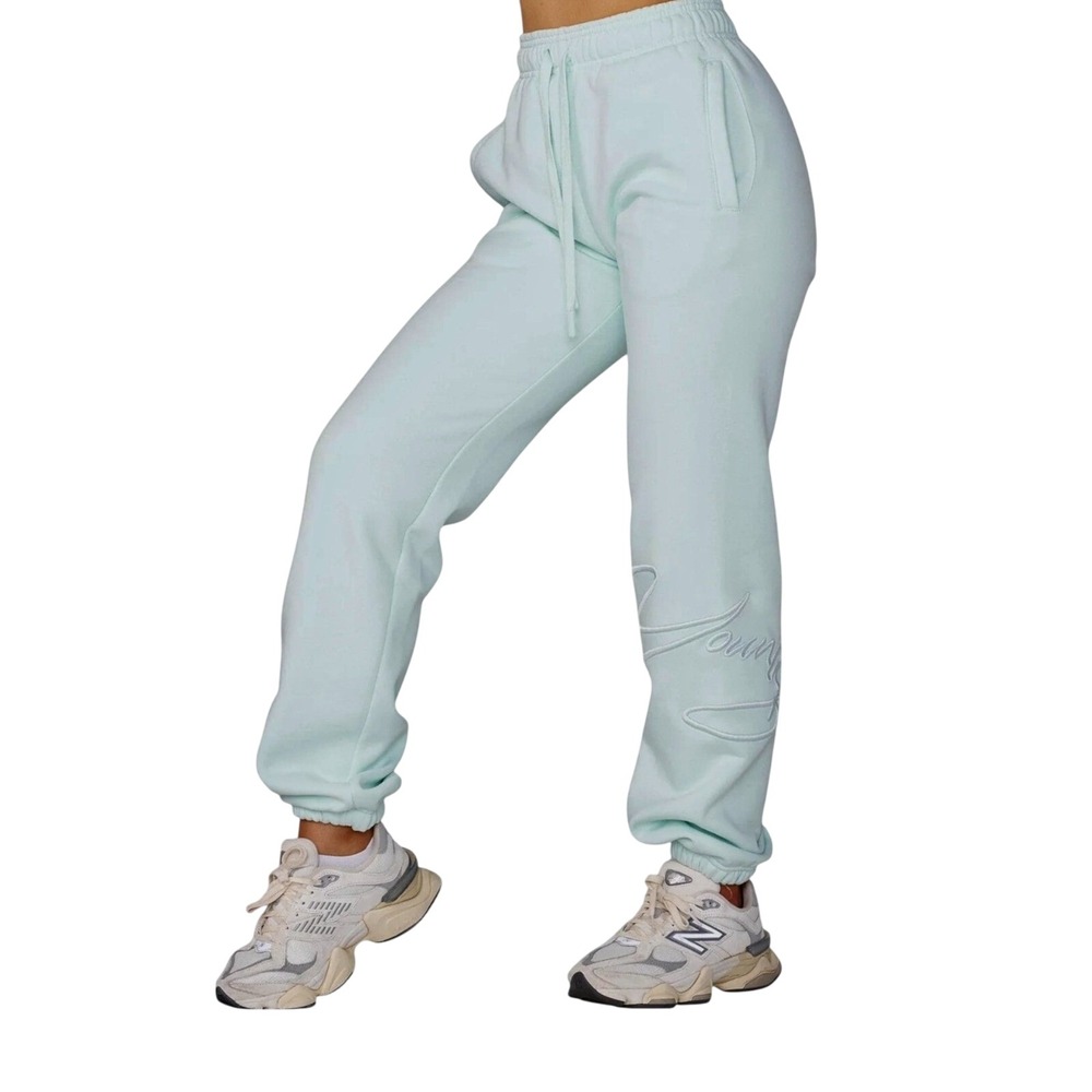 YoungLA Signature Sweatpants Womens Small‎ Aqua Fleece Tapered Leg Drawstring